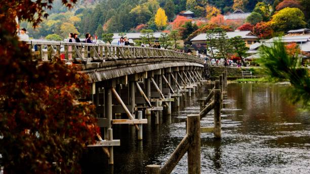 Famous ancient wooden bridge in Arashiyama, Kyoto